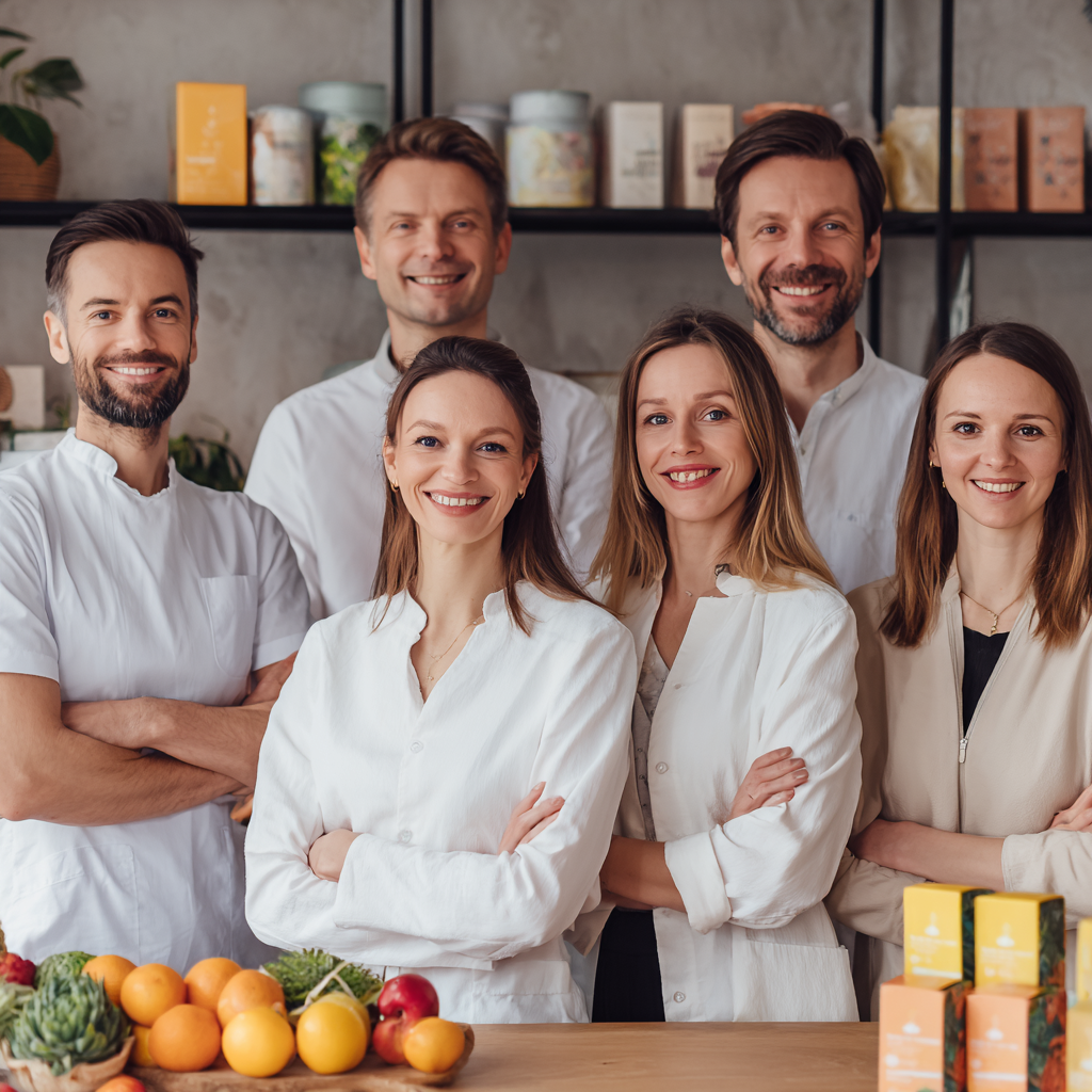 Happy middle-aged European woman in her 40s with a bright smile, holding fresh vegetables and fruits, wearing casual clothing in a modern kitchen, natural lighting, realistic photography style