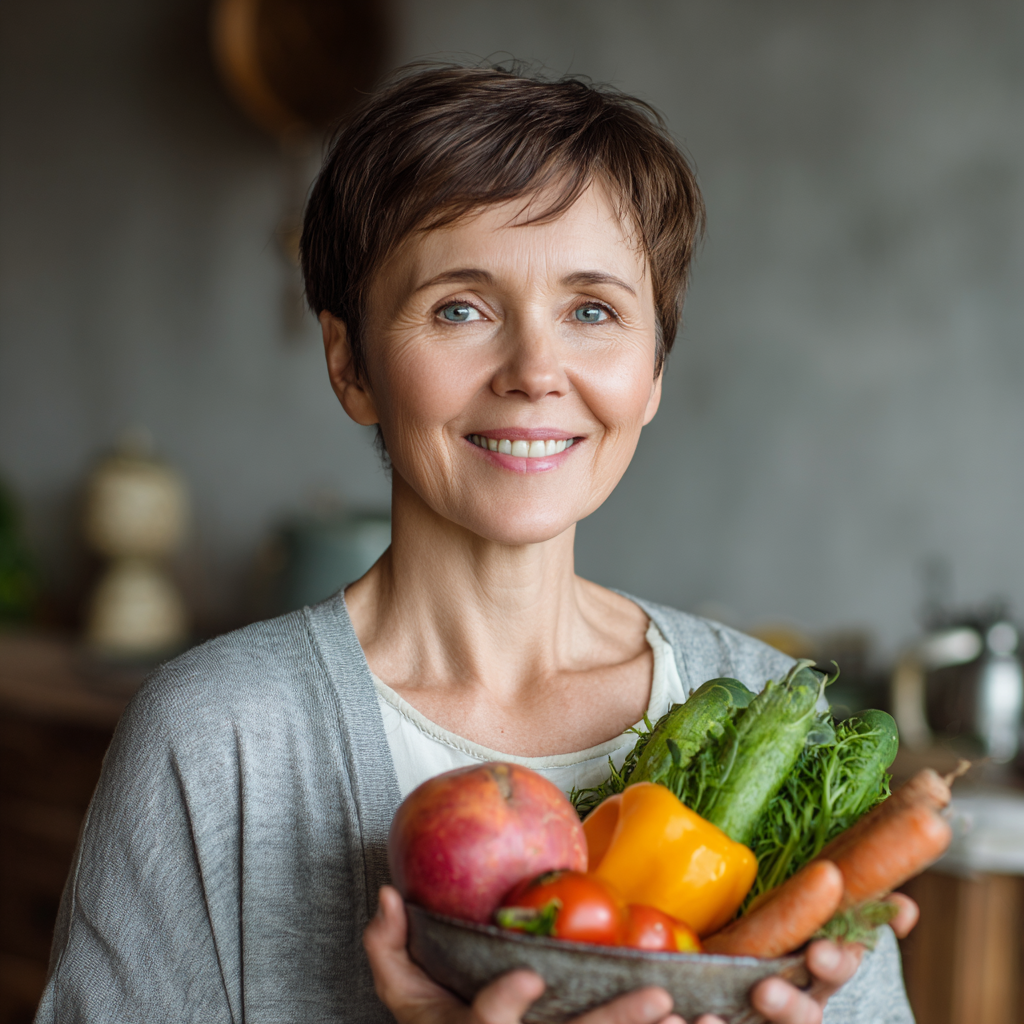 Happy European woman in her 30s with a radiant smile, holding a glass of clear water, wearing light casual clothing, in a bright modern kitchen with fresh fruits and vegetables, natural morning lighting, healthy lifestyle concept, realistic photography style